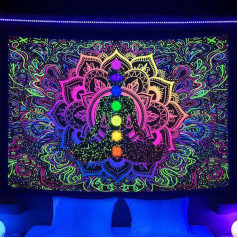 Seven Chakra Blacklight Tapestry UV Reactive Bohemian Mandala Spiritual Tapestry Boho Yoga Meditation Black Light Wall Hanging for Yoga Room Boho Bedroom Living Room