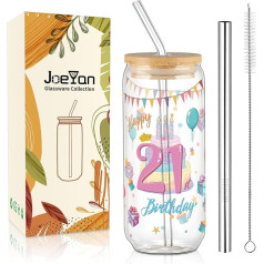 Joeyan Drinking Glasses Gifts for 21 Year Old Women with Lid and Straw, 600 ml Iced Coffee Bubble Tea Smoothie Glass with Balloon Flag Cake Pattern Birthday Gift for Sister Daughter Niece