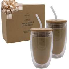 Double Walled Coffee Glass Thermal Glasses Set Double-Walled (2 x 450 ml) | Latte Macchiato Glasses | Gift Set with Bamboo Lids and Glass Straws | Matcha Glasses | Iced Coffee Glass