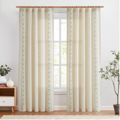 Vangao Linen Curtains Embroidery, Curtain Living Room Curtain with Concealed Loops Kitchen Curtain Boho Vintage Flowers Farmhouse Bedroom Light Filtering Set of 2 Green 140 W x 225 H (cm)