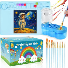 Silicone Painting Mat Set 40 x 60 cm with Brush Cleaner & 10 High-Quality Brushes - Non-Slip, Durable for Children & Adults, Easy to Clean, Perfect for Painting Projects, DIY Art & Art Studios (Blue)