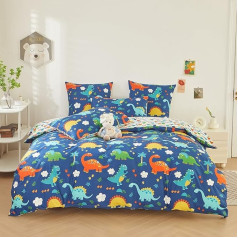 Dino Bed Linen 100 x 135 cm Cotton Boys Dark Blue White Cartoon Colourful Dinosaur Children's Bed Linen Baby Boys Girls Duvet Cover Single Bed Duvet Cover + 1 Pillowcase 40 x 60 cm