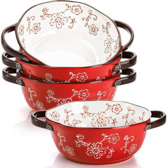 Ceramic Soup Bowls 22oz Porcelain Serving Bowl Set with Doundle Handle Large Ceramic Pots for French Onion Soup Stew Pasta Cereal Pot Cake (Red)