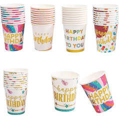 YouYuer Disposable Paper Cups, Pack of 50 Multicoloured Party Cups, Paper Drinking Cups with Happy Birthday Word Style, Disposable Cups for Party Supplies, Coffee, Tea, Hot and Cold Drinks (250 ml/9