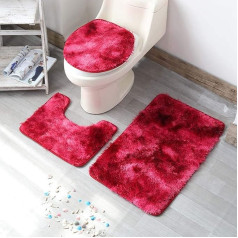 Bath Mat Set 3 Piece Non-Slip Bath Mat U Shape Contour Rug and Toilet Lid Washable Soft Absorbent Floor Mat (Red)