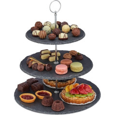 Relaxdays Cake Stand, 3 Levels, Slate, Cake, Snacks, Fruit, Metal Handle, Serving Stand, H x D 34 x 30 cm, Anthracite/Silver, 10030732