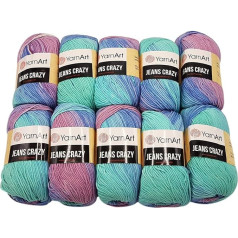 Ilkadim Export Jeans Crazy Knitting Wool 500 g Multicoloured with 55% Cotton, 10 x 50 g Cotton Knitting Yarn with Colour Gradient (Mint Purple Lilac 8203)