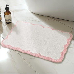 White Bath Mat with Pink Scalloped Edges, Ultra Soft Absorbent Non-Slip Bathroom Mats, Quick Drying, Machine Washable, Bath Mat for Bathtub, Shower and Floor, 40 x 60 cm