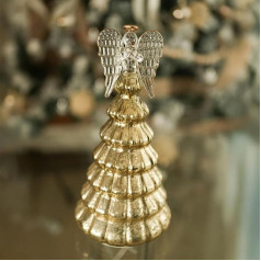 Gold Mercury Glass Christmas Tree with Angel for Home Decoration, Christmas Table Decoration, Lighted Christmas Tree with Timer for Living Room Mantle Table Party