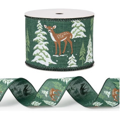Wired Christmas Ribbon - Elk and Christmas Pine Tree Ribbon with Wired Edge - 2.5 inches x 5 yards per roll