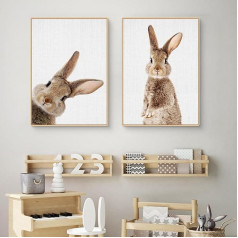 Modern Poster Set of 2 Children's Room Decoration Rabbit Pictures Canvas Picture Wall Art, Rustic Style Wall Pictures for Living Room, Bedroom, Easter Decoration, without Frame (50 x 70 cm)