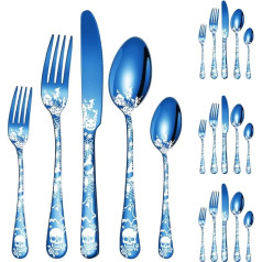Halloween Skeleton Cutlery Set for 4, 20 Pieces Stainless Steel Cutlery Set, Decorative Cutlery Set with Gothic Skeleton Pattern for Halloween, Easter and Christmas, Blue