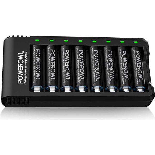 Powerowl Battery Charger with AA Battery 2800 mAh Pack of 8 AA Battery Charger Micro USB Connection 8 Slots Universal Battery Charger for NI-MH NI-CD AA AAA Rechargeable Batteries
