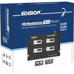 EDISION HDMI Modulator 3-in-1 Quad 4X HDMI to Terrestrial DVB-T, ISDB-T or Cable DVB-C MPEG4, 3 Selectable Modulation Output Signals, Full HD Distribution via Coaxial, Plug and Play