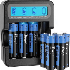 Hixon Lithium AA Battery, Rechargeable 1.5 V AA Battery, 3500 mWh and 1600 Long Cycles, 8 Pieces 1.5 V AA Battery with Black Fast Charging LCD Display Charger
