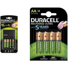 Duracell Charger with 4 Hours, 1 Count & Ultra HR6DX1500 Low Self-Discharge Batteries (2500mAh) Pack of 4