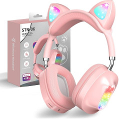 Bluetooth Headphones Children, Girls Cat Ear Headphones Over-Ear with LED Light Foldable Stereo Headphones Bluetooth, Wireless Headphones Children with Microphone, Micro SD/TF,for Tablet/Mobile