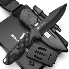 Wolfgangs W3 outdoor knife fixed blade - including Sheath + Fire Starter - Ideal Hunting Knife Made from One Piece 440C Steel - Premium Survival Knife - Bushcraft Knife Outdoor (Black)