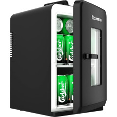 15 Litres / 21 Cans Mini Fridge, 2 in 1 Small Fridge with Cooling and Heating Function, 12 V DC/220 V AC for Cars, Offices and Dormitories, Drinks, Cosmetics, Black, Max & Eco Mode