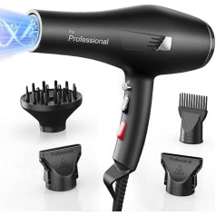 Dekuri Hair Dryer Ion Professional Hair Dryer Hair Dryer with 1 Diffuser, 2 Styling Nozzles, 3 Heating and 2 Speed Levels, 2.5 Metre Long Power Cable, Strong Hair Dryer for Family