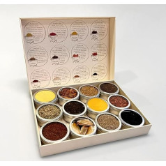 Spice Kit of 12 Seasonings from the Ottolenghi Cookbooks. Includes 4 recipes. PaperWise recipe cards and gift box with hand drawn illustrations.