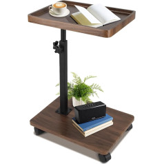 Blomise Side Table with Wheels, Wooden Couch Side Table C Shape Height Adjustable 45-80 cm 360° Rotating, Walnut Finish Coffee Table Small for Living Room Sofa