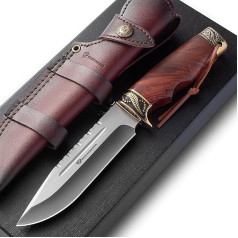 DRACHENADER Hunting Knife Fixed Blade YU-LN, 14.7 cm Blade Length Belt Knife with Leather Sheath, 5Cr14MoV Steel, Wooden Handle, Outdoor Knife Survival for Camping