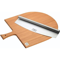 KitchenCraft World of Flavours Wooden Pizza Board and Mezzaluna Pizza Cutter Set