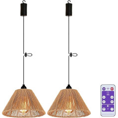 2 x Boho Pendant Lamp with Battery Remote Control Ceiling Light without Power Battery Operated Pendant Light Rattan Umbrella Lampshade IP65 Waterproof Lamp for Balcony Christmas Party Decoration Gift