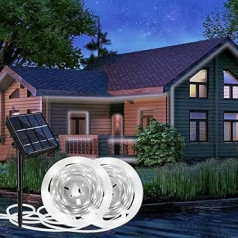 Aitesuo Solar LED Strip 10 m, 2 x 5 m Cool White 6000 K Solar Powered LED Strip Outdoor, 360 LEDs, 8 Modes, Cuttable, IP65 Waterproof, LED Strip Self-Adhesive for Garden, Patio, Balcony, Stairs