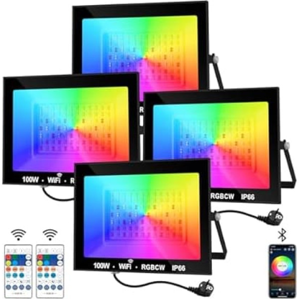 LED Outdoor Spotlight, 100 W Smart RGB Spotlight with Remote Control, Bluetooth App, LED Floodlight, Colour Changing Spotlight, IP66 Waterproof Floodlight for Gardens, Courtyards (Pack of 4)