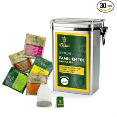 Family Tea Premium Aroma Tin with 5 Varieties Eilles Deluxe Tea Bags, 30 Servings Total, Resealable Tin with Crystal Lid