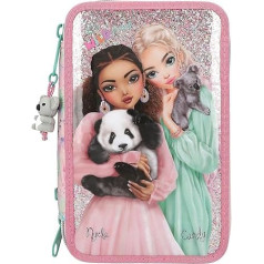 Depesche 12785 TOPModel Wild - Filled 3-Compartment Pencil Case in Pink, with Model Motif and Colourful Animal Pattern, Pencil Case with Colouring Pencils, Ruler, Scissors and Much More