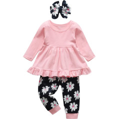 Kulcerry Toddler Baby Girl Clothing Plain Long Sleeve Ruffle Tops Trousers Headband Outfits Set