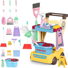 deAO 16-Piece Cleaning Trolley Set for Children, Children's Cleaning Tools with Trolley, Handheld Vacuum Cleaner, Mop, Hand Brush, Bucket, Sweeping Shovel, Broom Household Toy for Girls Boys from 3