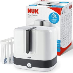 NUK Vario Express Bottle Steriliser, Sterilises up to 6 Baby Bottles and Accessories in 6 Minutes on Water, Vapour Base, Automatic Shut-Off, Removable Basket and Adjustable Rods, EU Plug