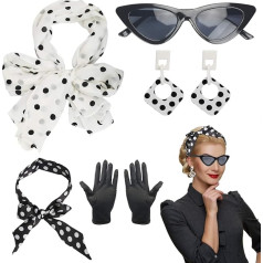 LOPOTIN 5-Piece Rockabilly Accessories 50s Women's Dress Accessories 1950s Costume Set with Chiffon Scarf Polka Dot Headband Cats Eye Glasses Red 60s Clothing for Theme Party Retro Teily Party