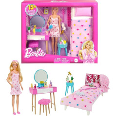 Barbie Bedroom Playset - Doll, Bed, Dressing Table, Kitten and 20 Accessories Creative Play, Includes Fluffy Bathrobe and Slippers, for Children Aged 3 Years and Above, HPT55