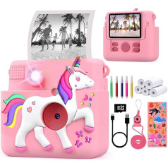 Children's Camera Instant Camera with Printing Paper, Unicorn Case & 32GB TF Card, Digital Camera Children with Colourful Pens Gift (Pink)