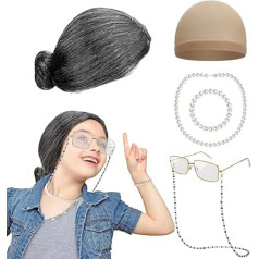 100th School Day Old Lady Costume Cosplay Black White Bun Wig Wig Cap Pearl Necklace Bracelet Accessories for Kids