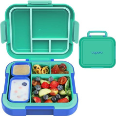CAPERCI Children's Lunch Box with Compartments, 4.8 Cups Bento Box Children, 4 Compartments, 2 Sauce Box, Lunch Box for Nursery School Excursions, Microwave/Dishwasher Safe (Jungle Green/Blue)