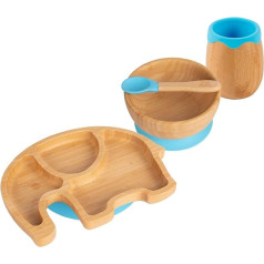 4pc Blue Elephant Bamboo Suction Baby Feeding Set - Toddler Weaning Silicone Stay On Food Bowl Plate Spoon Cup Complete Starter Kit - From Tiny Dining