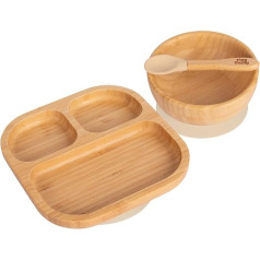 Tiny Dining Baby Tableware Set - Segmented - Beige - 3 Piece - Split Non-Slip Self Feeding Baby Weaning Plate, Bamboo Bowl and Spoon for Babies