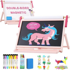 FUNLIO Anti-warp Table Easel for Children Aged 3+ (100+ Pieces), Wooden Double-Sided Magnetic Board Children with 3 Adjustable Angles, Blackboard, Whiteboard & Paper Roll, Foldable - Pink