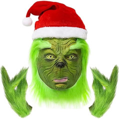 3 x Christmas Mask Furry Gloves Hat Green Large Monster Latex Full Head Mask Christmas Halloween Carnival Cosplay Costume Props Fancy Dress for Adults