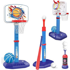 Mostop 4 in 1 Children's Basketball Hoop and T Ball Set - Adjustable Height, Children's Baseball Tee with Automatic Throwing Machine, Indoor Outdoor Sports Toy Gifts for Toddlers, Boys, Girls