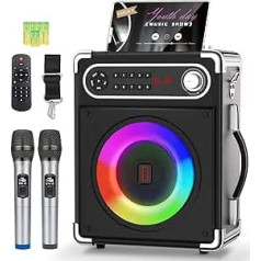 Karaoke Machine with 2 Wireless Microphones, Bluetooth 5.1 Karaoke Speaker Bass/Treble Setting, PA System with Remote Control, LED Lights Supports TF Card, AUX, TWS, FM, REC for