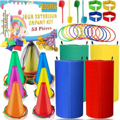 Outdoor Games, Pack of 53 Carnival Games Bean Bags EOGRFW 53-Piece Outdoor Games for Children, 3-Legged Racing, Ring Throwing Game, Running in Bag, Egg Racing - with Medal and Whistles