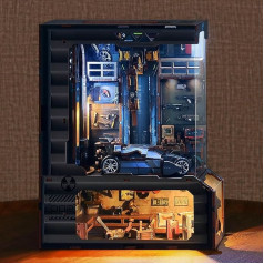 3D Wooden Puzzle Book Nook Kit, Car Workshop Miniature Dollhouse Bookshelf Insert with LED Lights, DIY Mechanical Garage Models Decoration for Adults (Car Workshop)