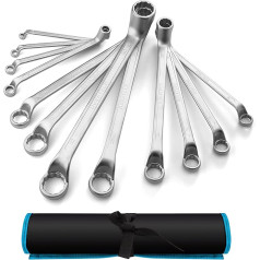 DURATECH Double Ring Spanner Set, Offset Spanner Set, 75 Degrees Angled, DIN 838, Chrome Vanadium Steel, Matt Chrome-Plated, 12 Pieces, SW 6-32 mm, with Roll Bag